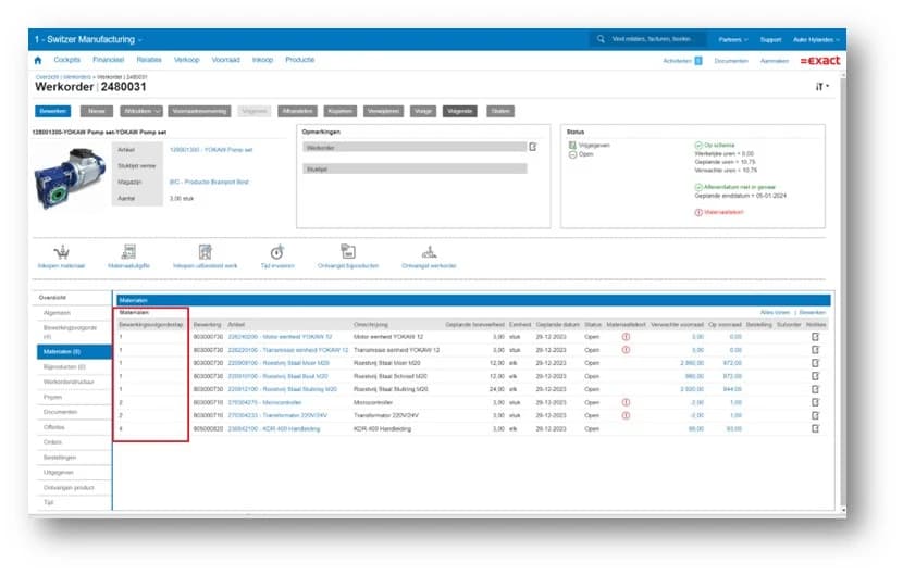 Exact Premium Online Werkorder: Fertigungsauftrag mit Materialien, Stückliste, Bearbeitungsschritten und Statusverfolgung. Produktions-ERP für den Mittelstand.