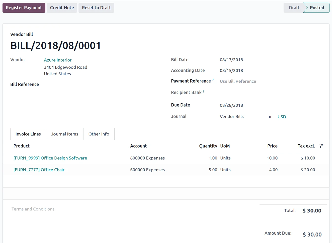 Odoo Buchhaltung Vendor Bill BILL/2018/08/0001: Lieferantenrechnung mit Invoice Lines, Bill Date, Due Date und Register Payment. Vollständige Finanzbuchhaltung mit MWST, Bankabgleich und DACH-Lokalisierung im Odoo ERP