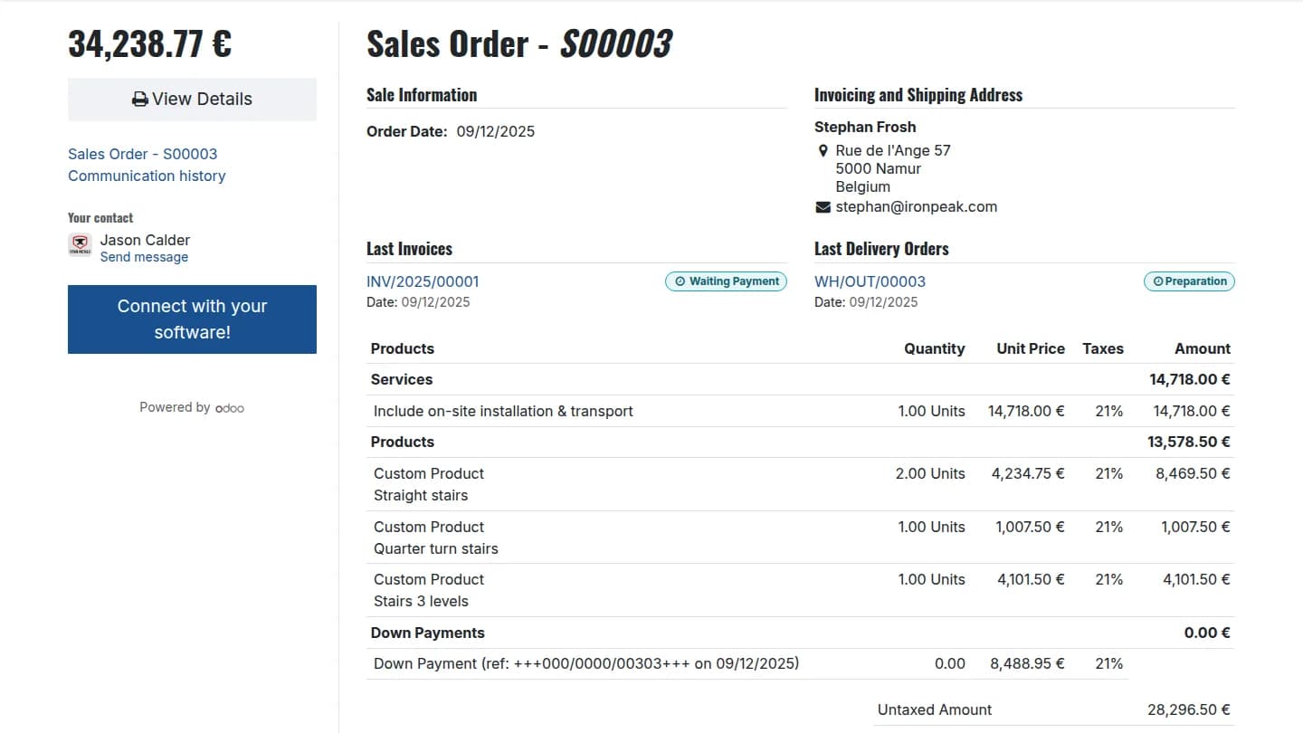 Odoo Sales Order Detailansicht mit Kundenportal: Auftrag S00003, Rechnungen und Kommunikationshistorie. Modulares Open Source ERP für KMU mit Vertrieb, Lager, Buchhaltung und CRM in einem System