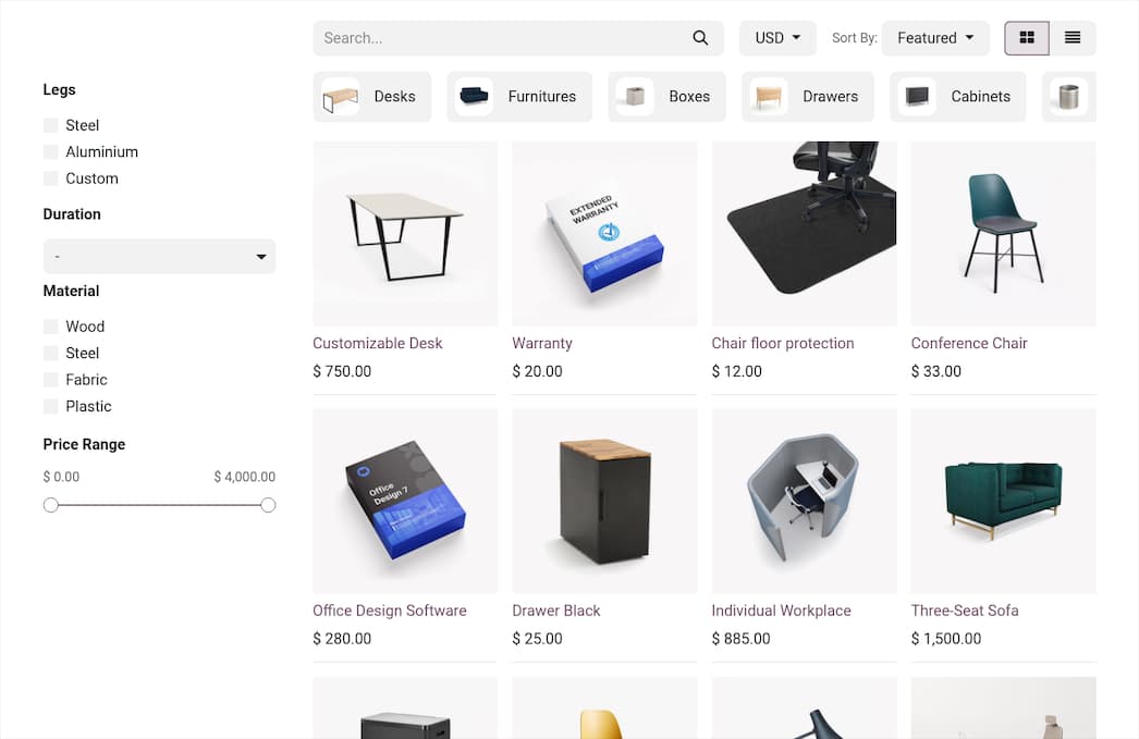 Odoo E-Commerce Produktkatalog: Möbel, Schreibtische, Stühle und Drawers im Grid-View mit Bildern, Preisen und Filterkategorien. Natives Online-Shop-Modul mit Shopify, WooCommerce und Amazon Anbindung im Odoo ERP