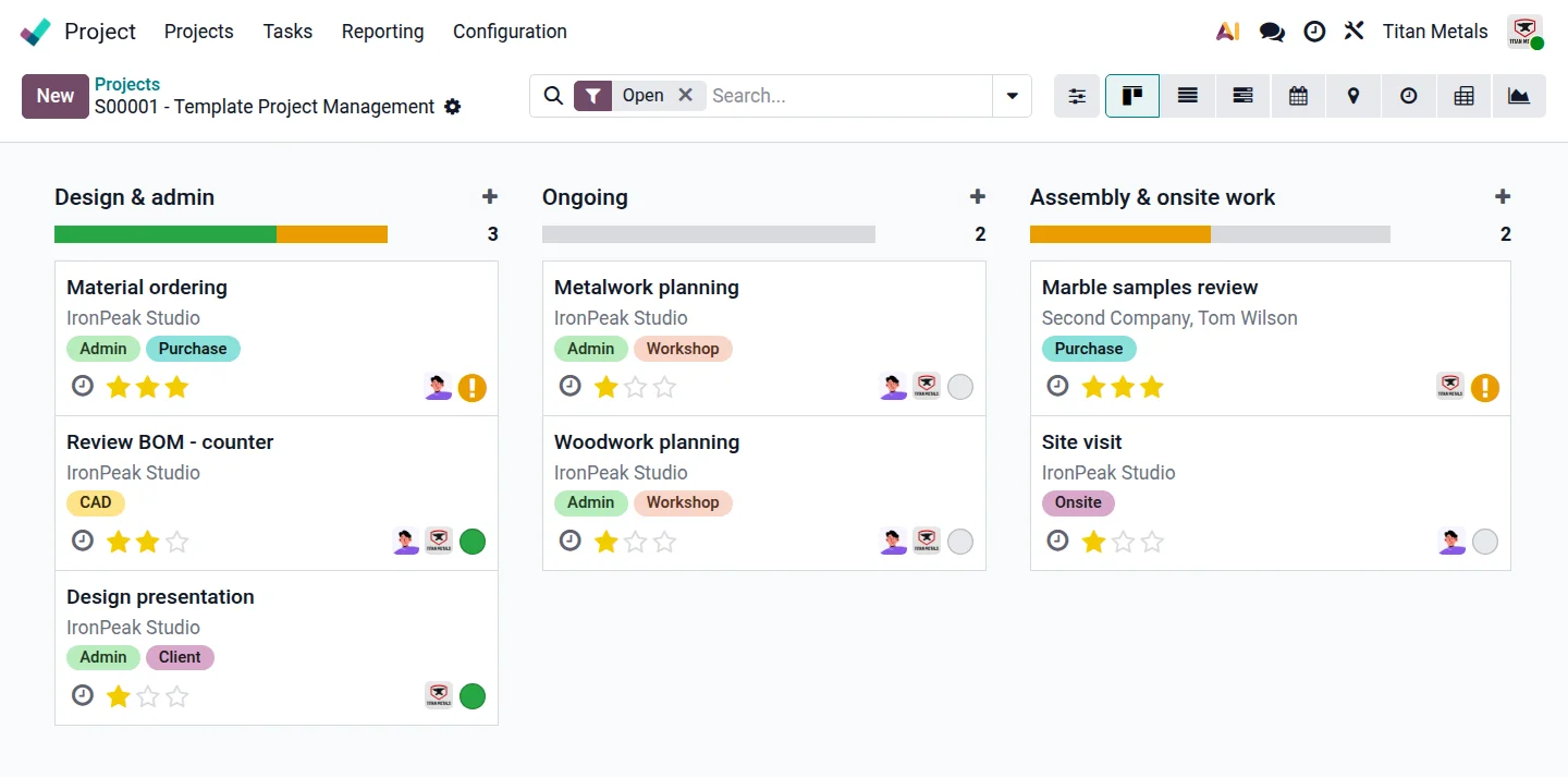 Odoo Project Kanban Board für Titan Metals: Design & admin, Ongoing, Assembly & onsite work. Fertigungsplanung, Arbeitsplätze und MRP im Odoo ERP für produzierende KMU