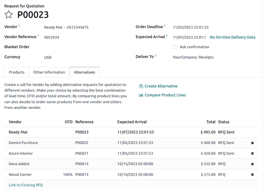 Odoo Vertrieb Angebotsverwaltung: Quotation P00023 mit alternativen Angeboten und Produktvergleich. CRM, Pipeline, Aufträge und Rechnungen integriert im Odoo ERP für KMU