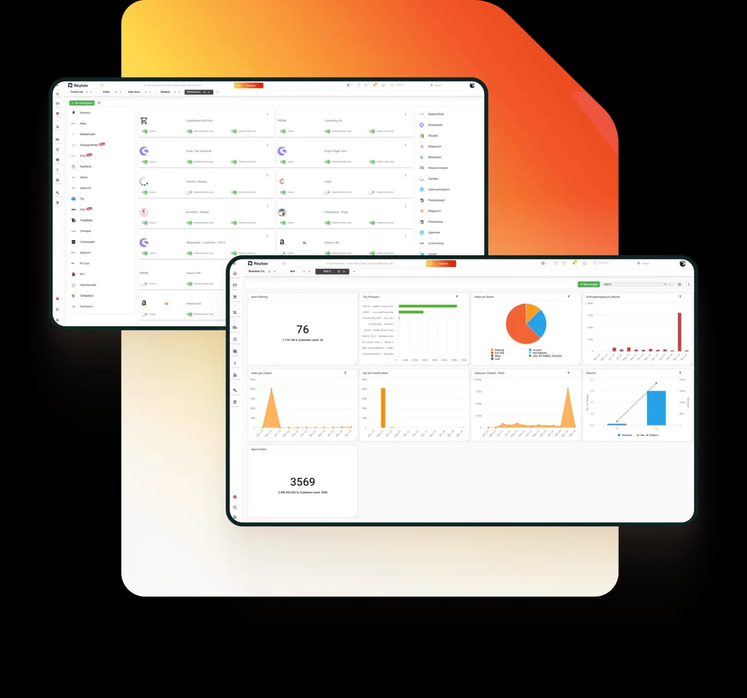 reybex ERP Dashboard mit Auftragsübersicht, E-Commerce-Cockpit und Umsatzanalyse — Cloud-ERP für E-Commerce, Handel und Produktion im DACH-Raum