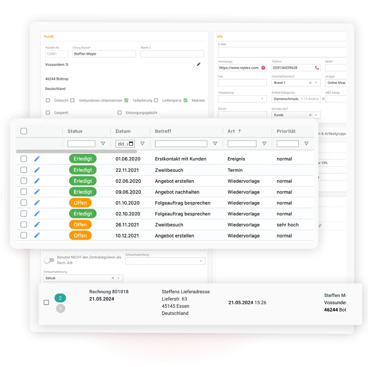 reybex Kundenstamm und CRM: Kundendetails, Wiedervorlagen, Auftragshistorie und Rechnungsansicht im reybex Cloud-ERP