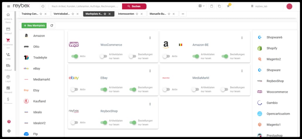 reybex Marktplatz-Konfiguration: Amazon, eBay, Shopify, Kaufland, OTTO, Tradebyte, Etsy — native Multichannel-Anbindungen im reybex Cloud-ERP