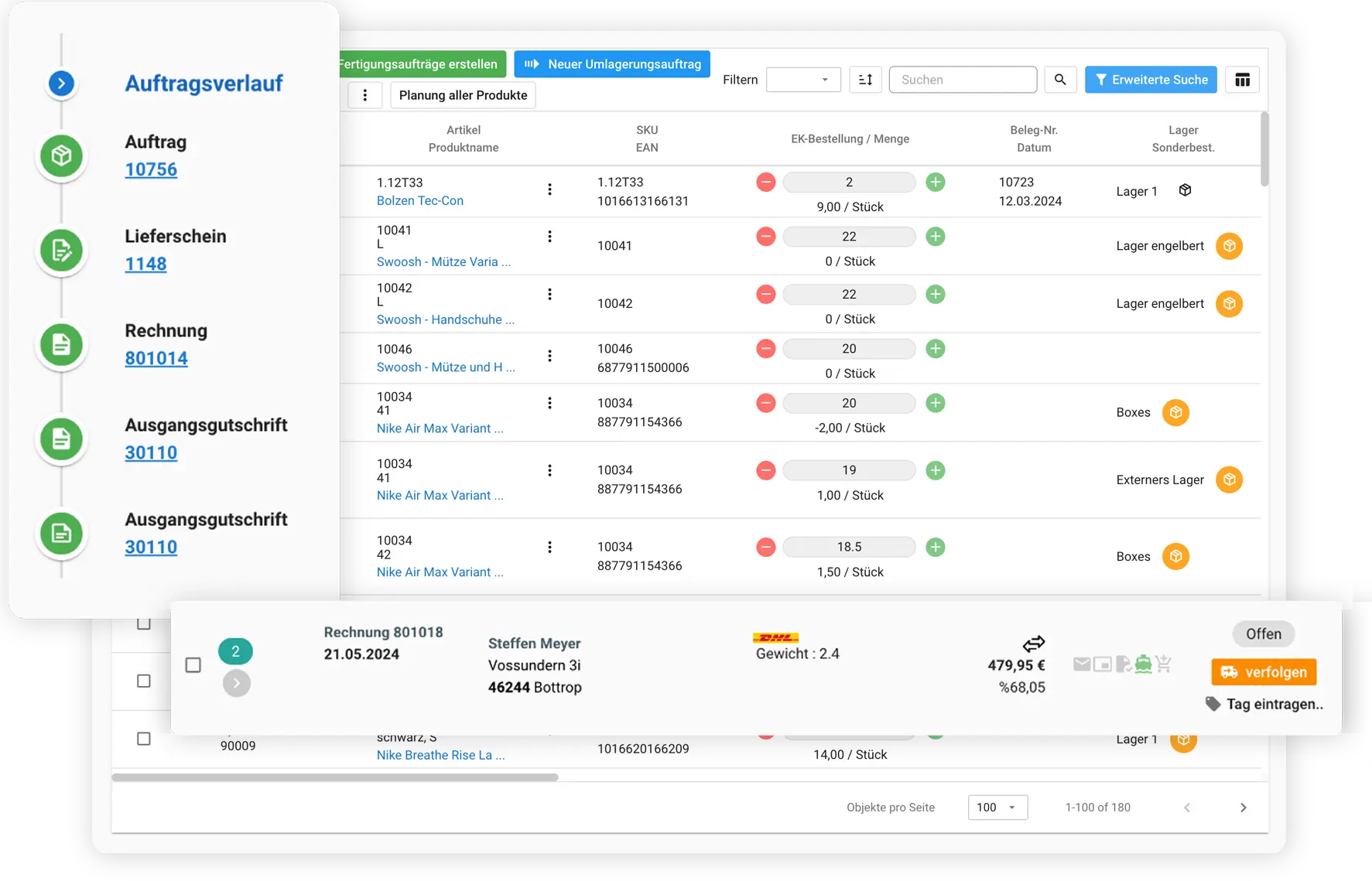 reybex Supply Chain: Auftragsverlauf von Auftrag über Lieferschein und Rechnung bis Ausgangsgutschrift — mit Produktionsplanung und Lagerabwicklung