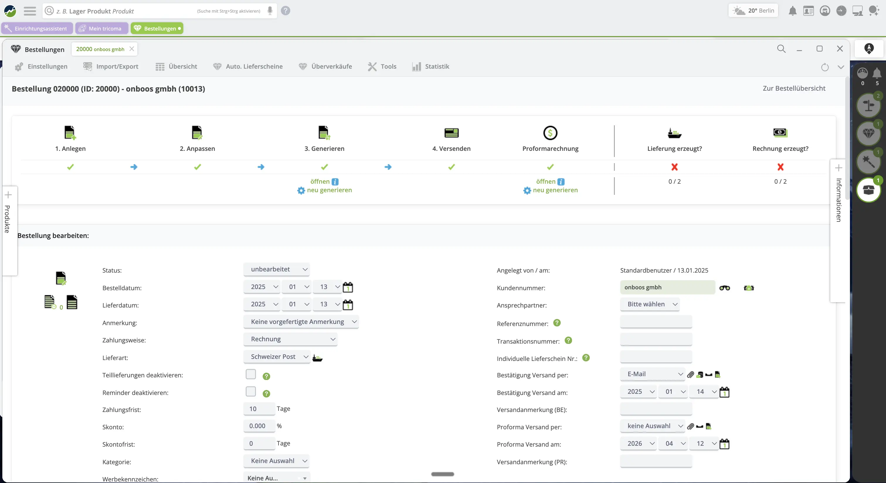 tricoma ERP Dashboard mit Multichannel-Übersicht, KI-Funktionen und Lagerverwaltung - ERP-Software für E-Commerce und Multichannel-Händler