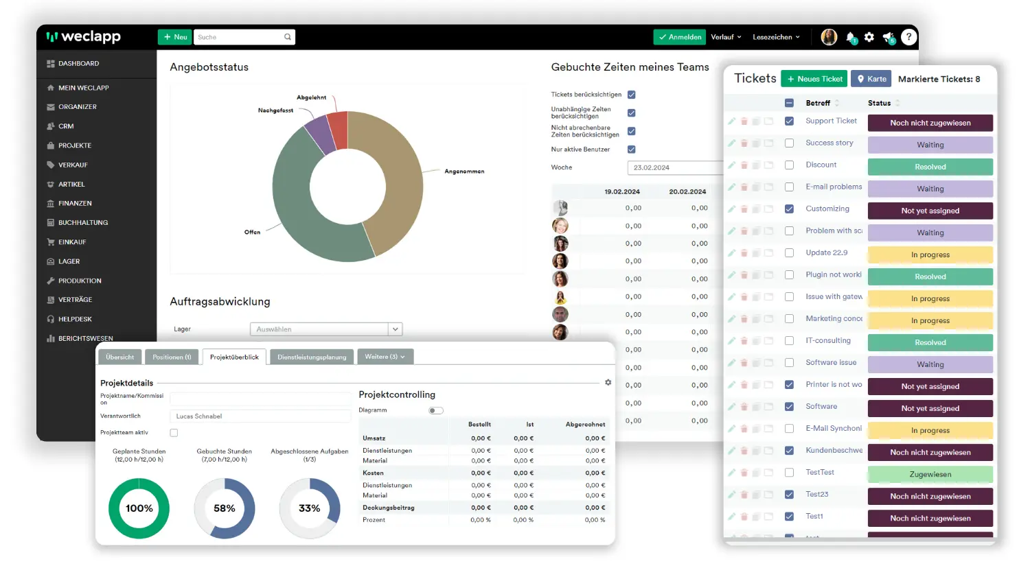 weclapp Auftragsabwicklung Screenshot: Angebotsstatus, Auftragsabwicklung, Projektcontrolling und Ticketverwaltung in einem ERP-System für Handel und Grosshandel