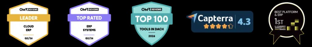 weclapp Auszeichnungen 2026: OMR Reviews Leader Cloud ERP, Top Rated ERP Systems, Top 100 Tools in DACH, Capterra 4.3 Sterne und E-Commerce Germany Award Best Platform & ERP