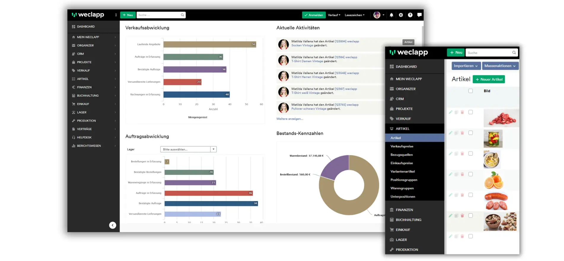 weclapp Cloud-ERP Dashboard mit Verkaufsabwicklung, Auftragsabwicklung und Artikelverwaltung: ERP-Software für Handel, Grosshandel und E-Commerce